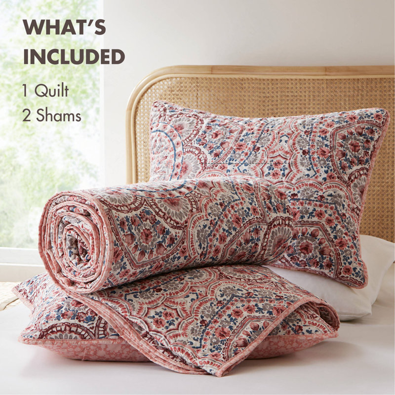 Courtepointe réversible 3 pièces Boho, King Quilt + 2 Shams
