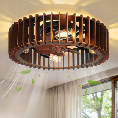 20 Inch DC Motor Flush Mount Ceiling Fan,7 Blade Caged Ceiling Fan with Light,  E26 Socket Wooden Bladeless Ceiling Fan, Remote Control Reversible Ceiling Fan for Bedroom, Living Room, Kitchen