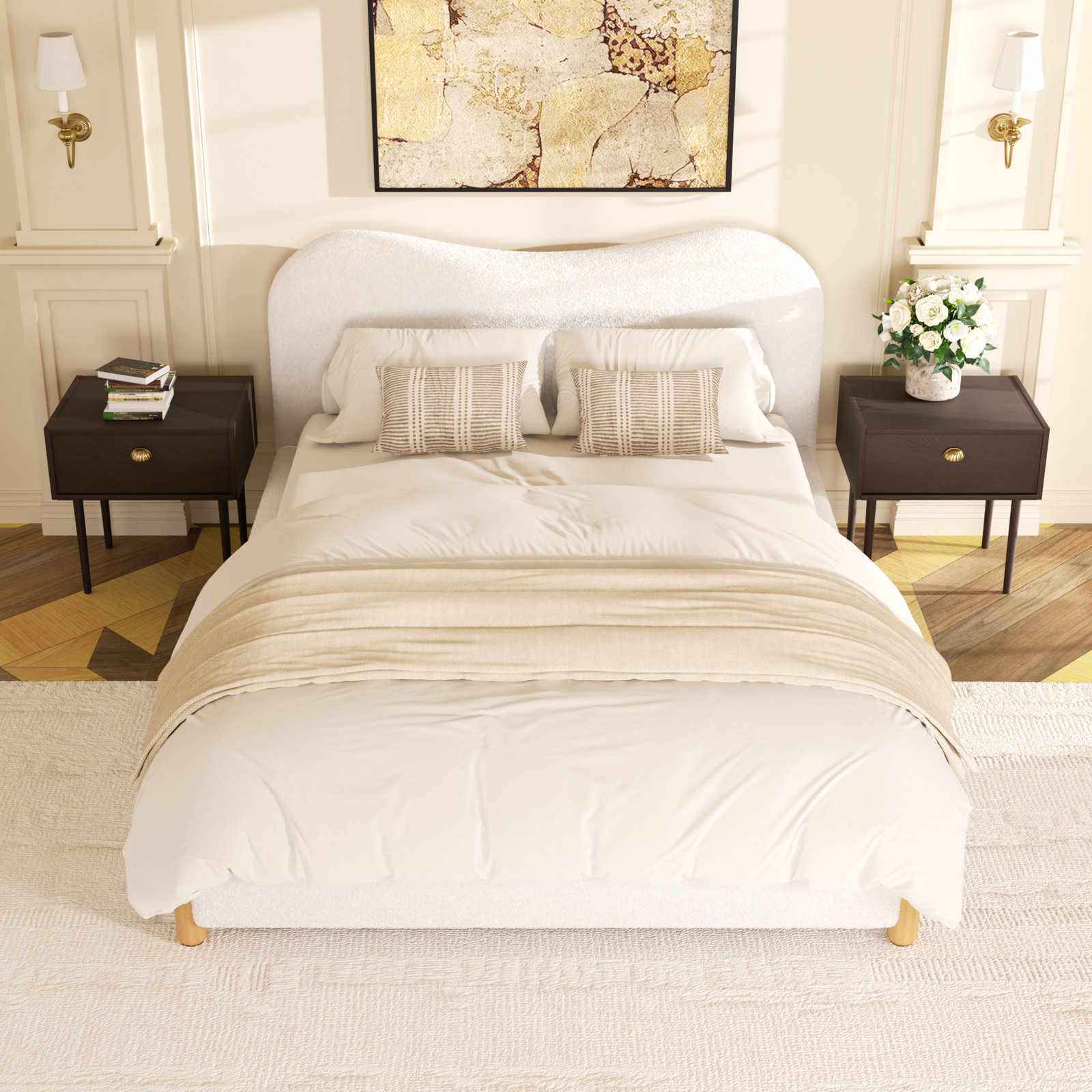 Upholstered Headboard Platform Bed Frame, White, Queen