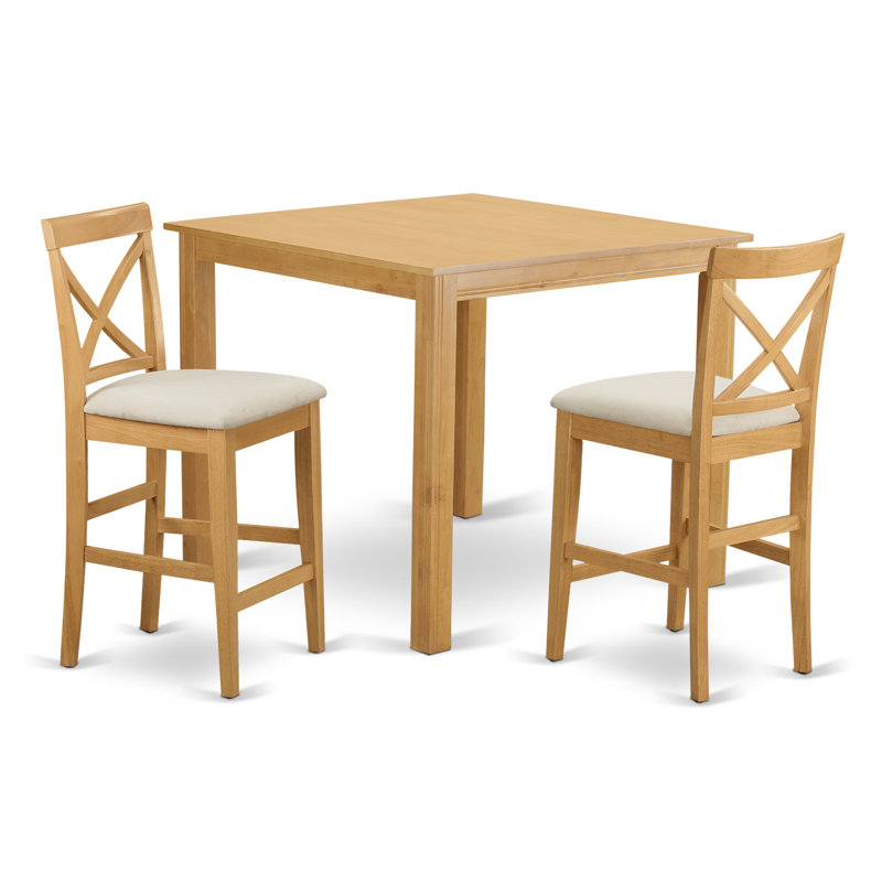 Counter Height Pub Set for Small Spaces Contains a Square Dining Room Table and Linen Fabric Upholstered Chairs, 42x42 Inch, Oak