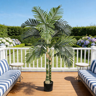 Palmier artificiel doré 5 pi avec pot en plastique noir, plante tropicale artificielle pour la décoration intérieure et extérieure, palmier artificiel résistant aux rayons UV