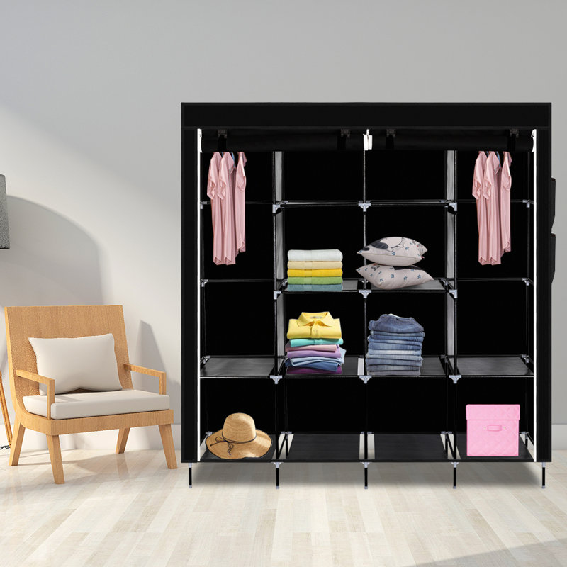 Portant 67 po pour garde-robe portatif 12 tablettes 4 poches latérales noir