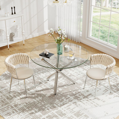 Modern Round Tempered Glass Pedestal Dining Set with Weaven Velvet Dininig Chair