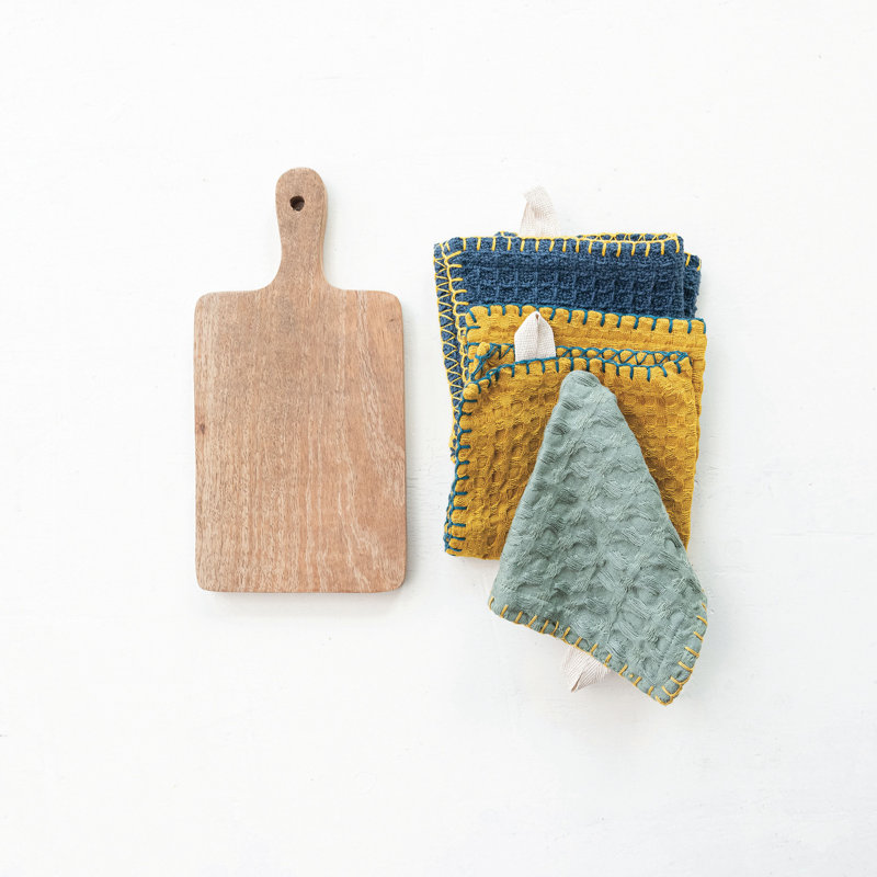 Cotton Dishcloth On A Mango Wood Board, Yellow/Green/Blue