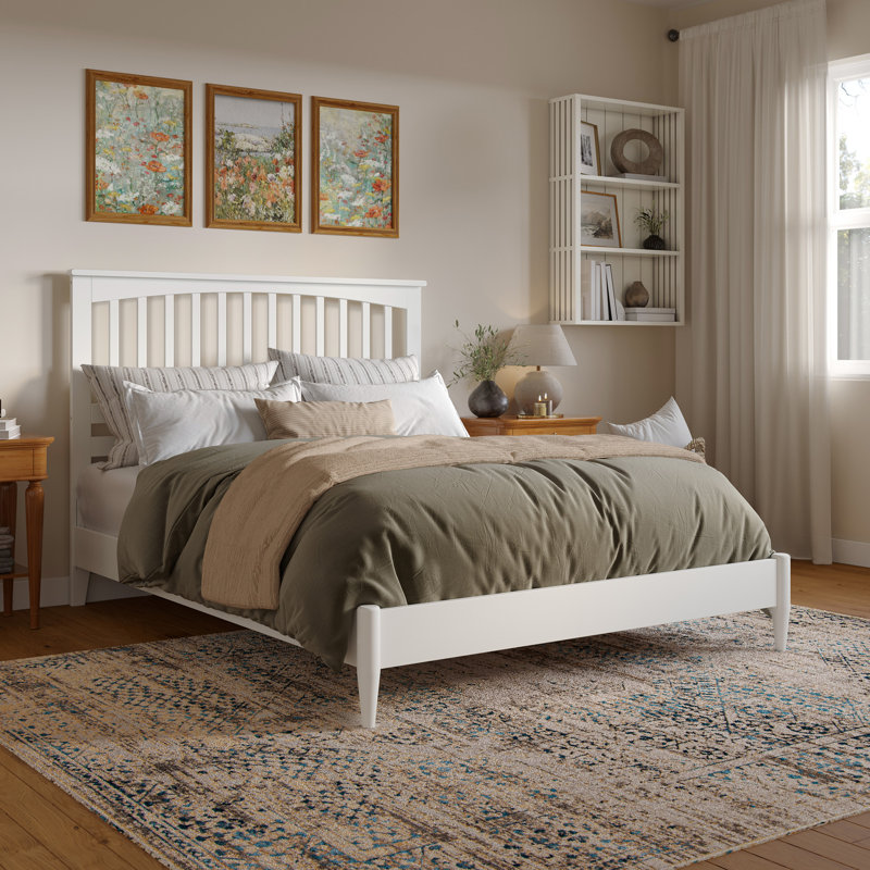 Aritra Solid Wood Low Profile Platform Bed, White, Queen