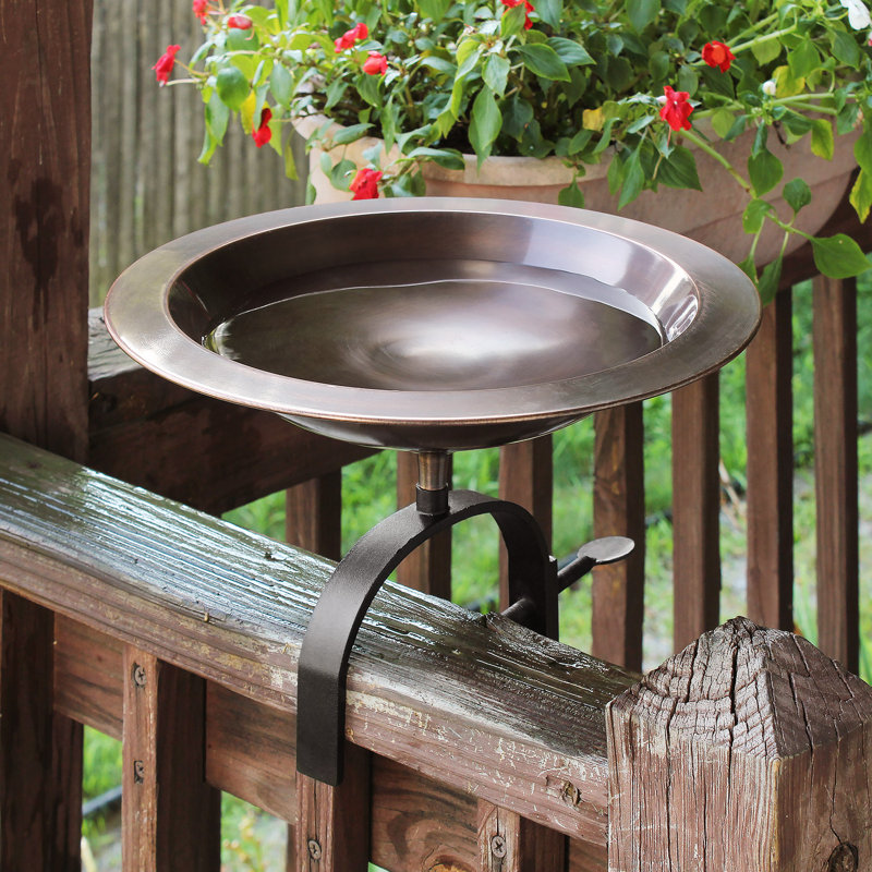 15" Antique Copper Over Rail Birdbath with Wrought Iron Bracket