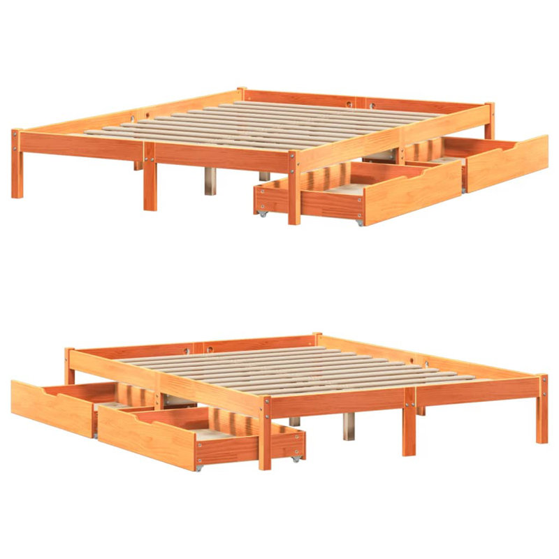 Solid Wood Storage Bed, European Double (140 x 200 cm), Wax Brown