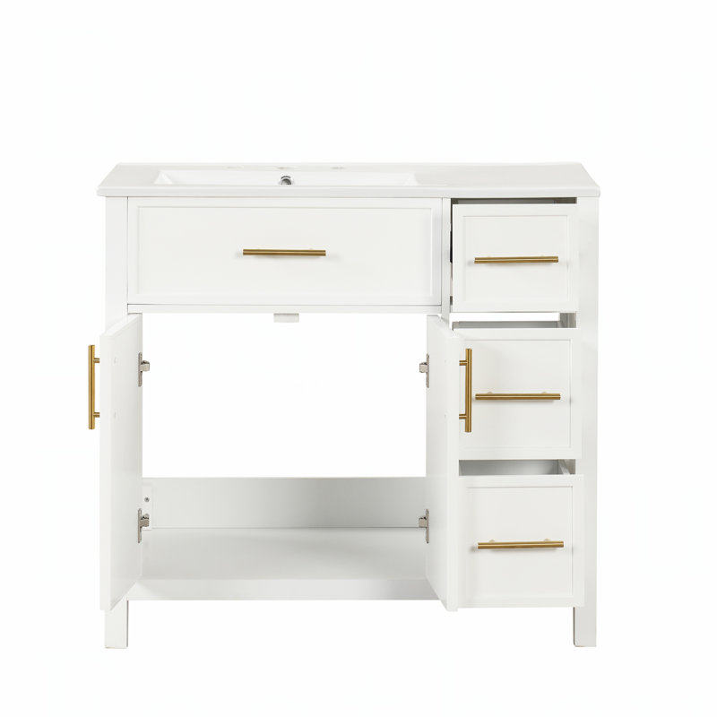 Meuble-lavabo de 36 pouces avec comptoir en céramique, cadre en bois durable et grand espace de rangement pour les salles de bain modernes