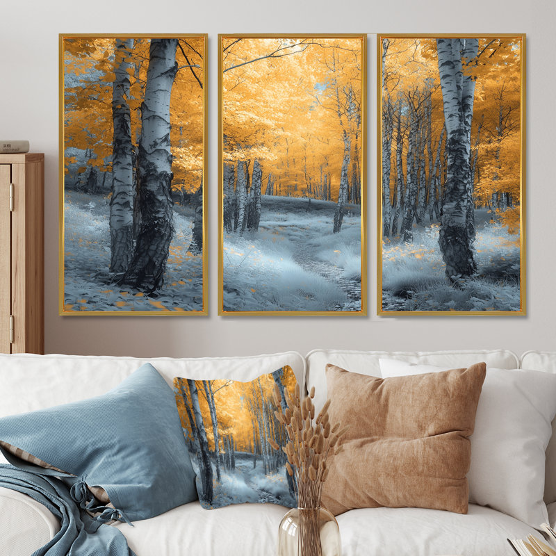 «Autumn Morning In Forest Panorama», ensemble de reproductions d'art mural paysage d'hiver, Toile avec cadre flottant or