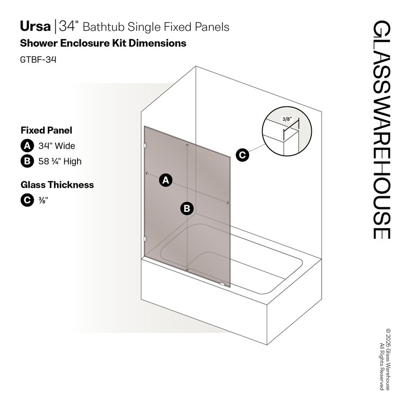 Ursa 34 in. x 58.25 in. Frameless Bronze Tinted Single Fixed Bath Panel, Polished Brass