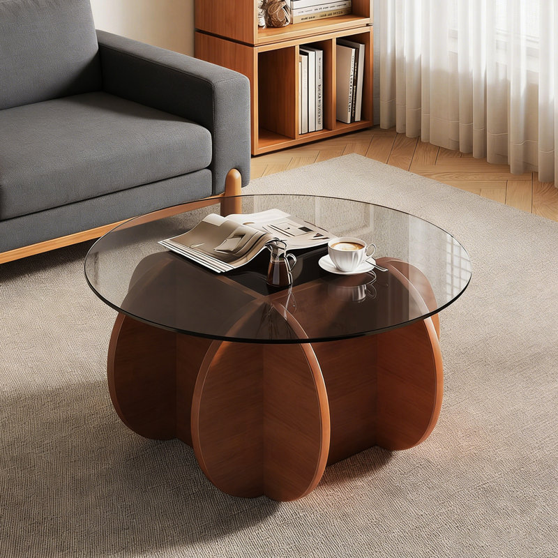 Table basse ronde moderne pour le salon, centre de table Mid-Century avec plateau en verre trempé et base en bois de noyer