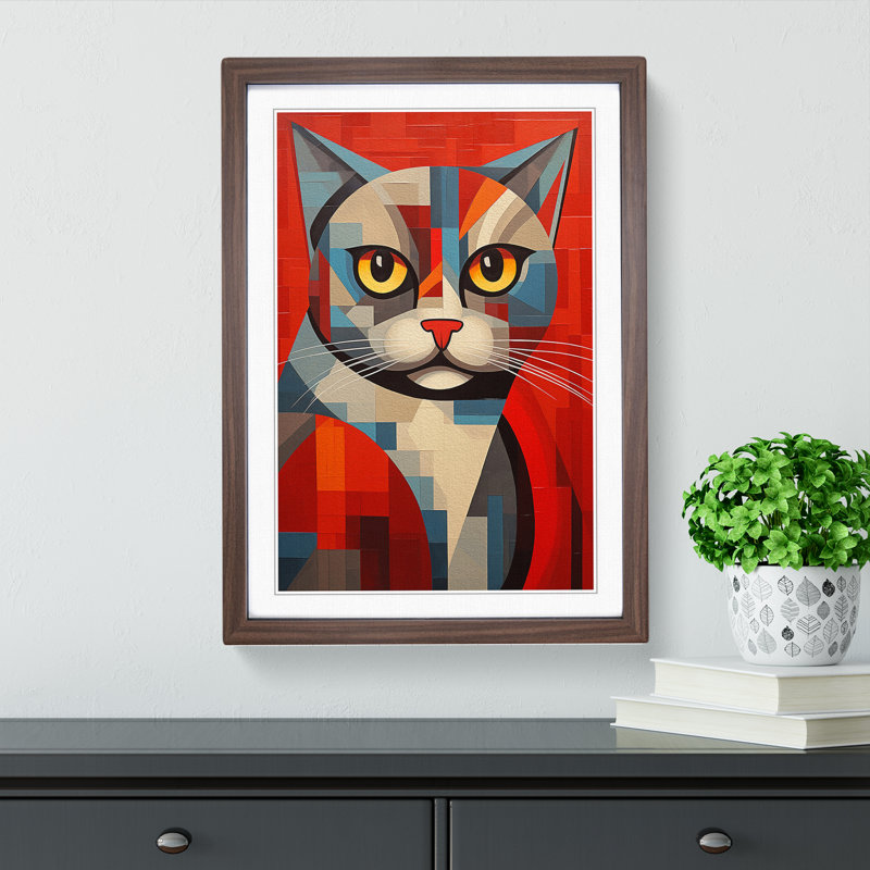 Cat Constructivism - Single Picture Frame Print on Wood, Walnut, 34cm H x 25cm W x 2cm D