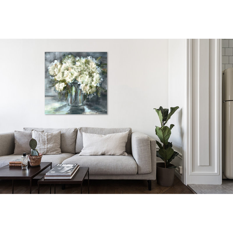 «White & Black Hydrangeas In Mason Jar» par Winston Porter, reproduction sur toile tendue, H 18 po x l 18 po x P 1,5 po