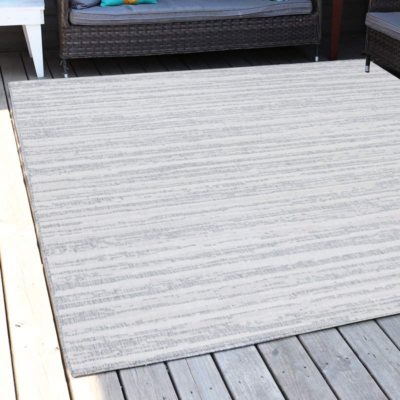 Artistic Storms Modern Flat Weave Gray Abstract Stripes Outdoor Area Rug, 5' x 7', Rectangle 5'3'' x 7'3''