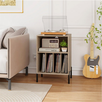 Record Player Stand With Charging Station, Holds 150 Albums, Oak