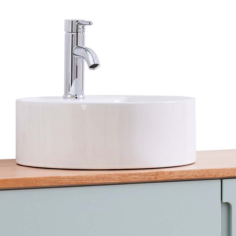 Meuble-lavabo en bois massif de 32 po, double tiroir + porte simple, lavabo rond en céramique, miroir bleu, grand espace de rangement, 40 po x 40 po x 6 po, atmosphère fraîche de 20 lb, largeur de 40 po, poids 20