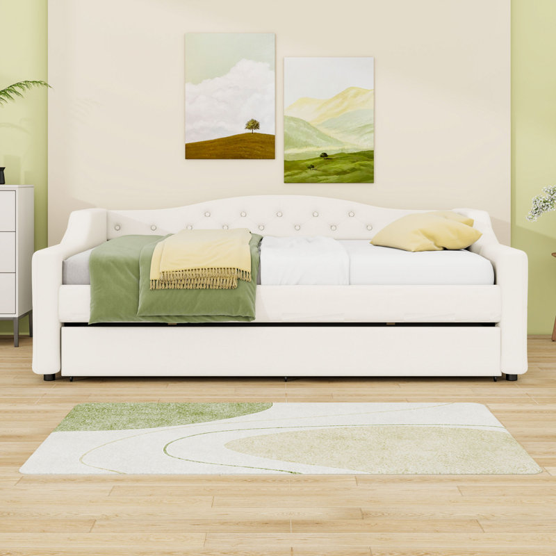 Lit de jour double rembourré avec éclairage DEL et lit gigogne, Beige