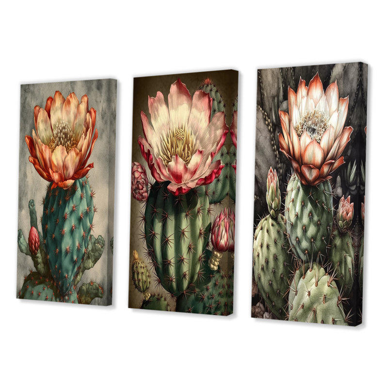 Ensemble de 3 fleurs de cactus en fleurs, Toile tendue, H 32 po x l 48 po