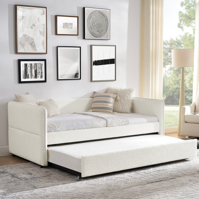 Lit de jour simple tapissier avec couchette, Boucle beige, 83 po x 43 po x 29,5 po, rayures verticales, côtés rembourrés de mousse, tissu idéal pour les cafés Boucle, motif, dossier, chambre à coucher