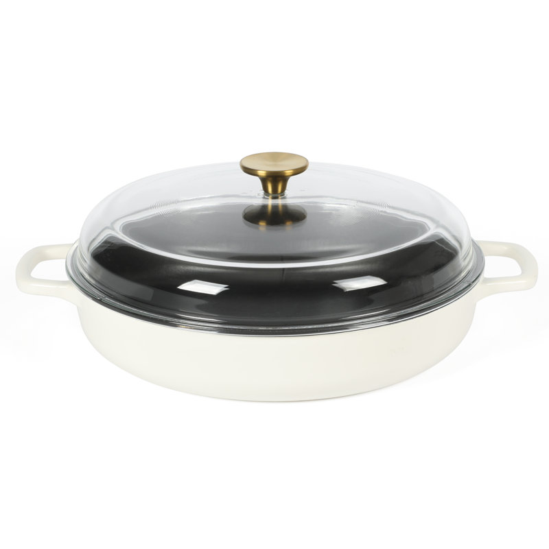 White Enameled Cast Iron Round Braiser with Glass Lid and Handles