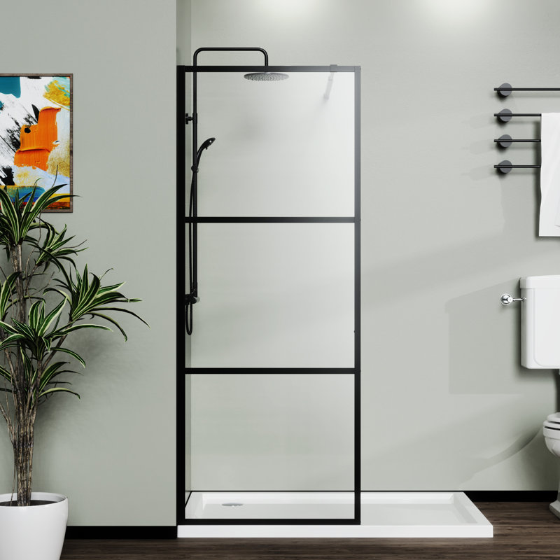 Porte de douche 34 po, noire - 0,2 po. Support de barre supérieure robuste en verre trempé requis pour une épaisseur ajustable au mur