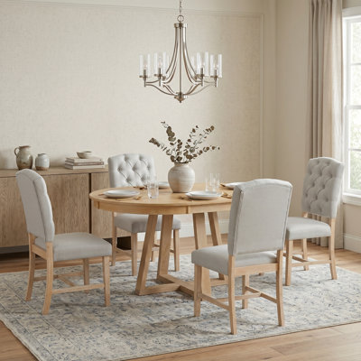 Ensemble de salle à manger rétro 5 pièces, table ronde avec rallonge de 16 pouces et 4 chaises rembourrées, finition naturelle, pour la salle à manger et le salon