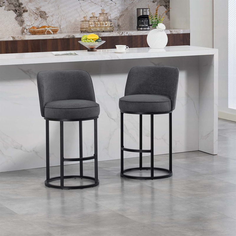 Ensemble de 2 tabourets de bar à hauteur de comptoir, conception de baril moderne avec dossier, revêtu de lin pour le confort des îlots de cuisine
