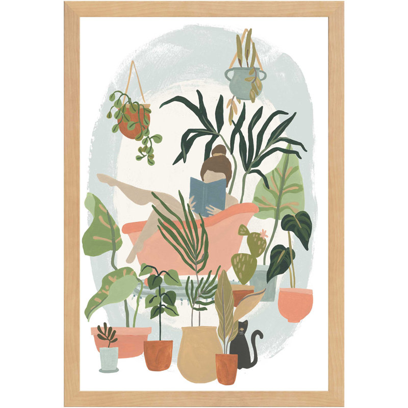 «Plant Lady Bath I», Papier avec cadre simple en bois naturel, H 50 po x l 34 po x P 1 po