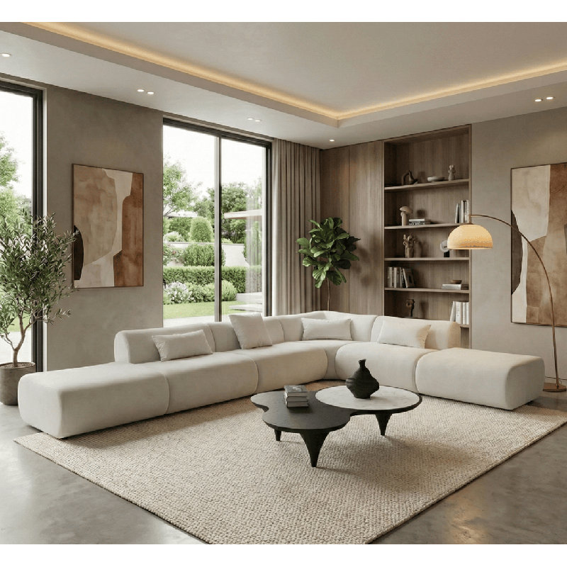 Vivienne Collection Luxury L-shape Sectional Sofa, Cream Velvet