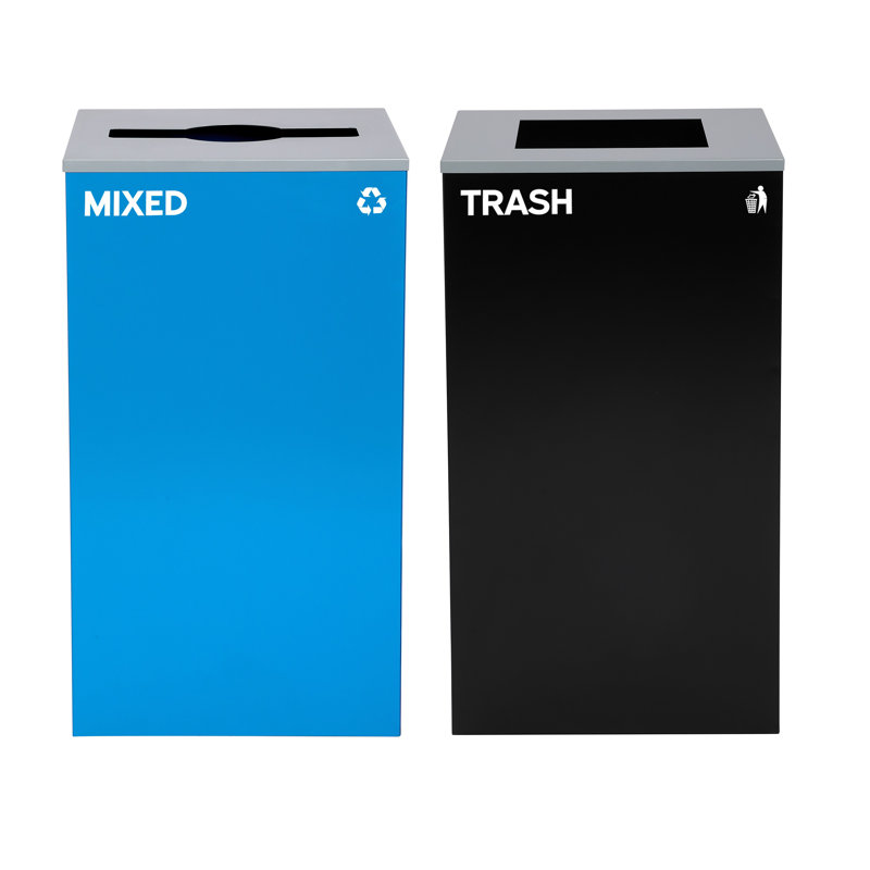 Ensemble de poubelles 29 gallons à couvercle ouvert en acier avec couvercle carré et mixte, Noir / Bleu