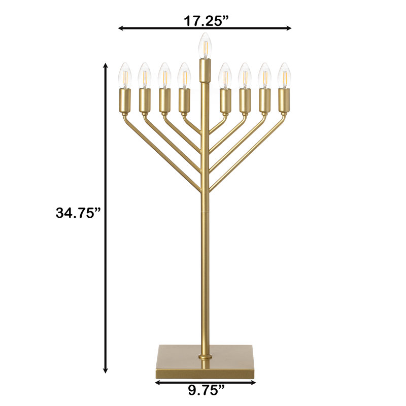 Chabad Style Gold Finish Hanukkah Menorah For Entryway, Living Room, Office, And Kitchen With Led Light Bulbs And Remote Control For Easy Daily Hanukkah Lighting Sequence
