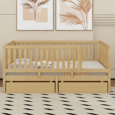 Twin Size Wood Daybed With Fence Guardrails And Drawers, Split Into Independent Floor Bed And Daybed
