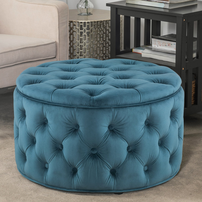 Amram Tufted Round Storage Ottoman, Blue Velvet