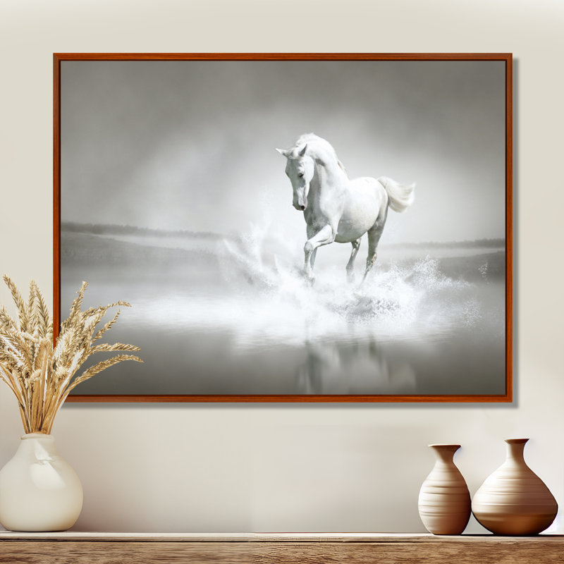 Cheval, reproduction d'art sur toile, cheval blanc qui court dans l'eau, H 16 po x l 32 po, Brun, Cadre flottant