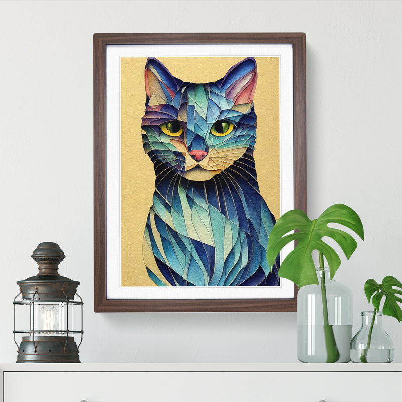 Colourful Cat No.3 Abstract - Single Picture Frame Painting, 64cm H x 46cm W x 2cm D, Walnut
