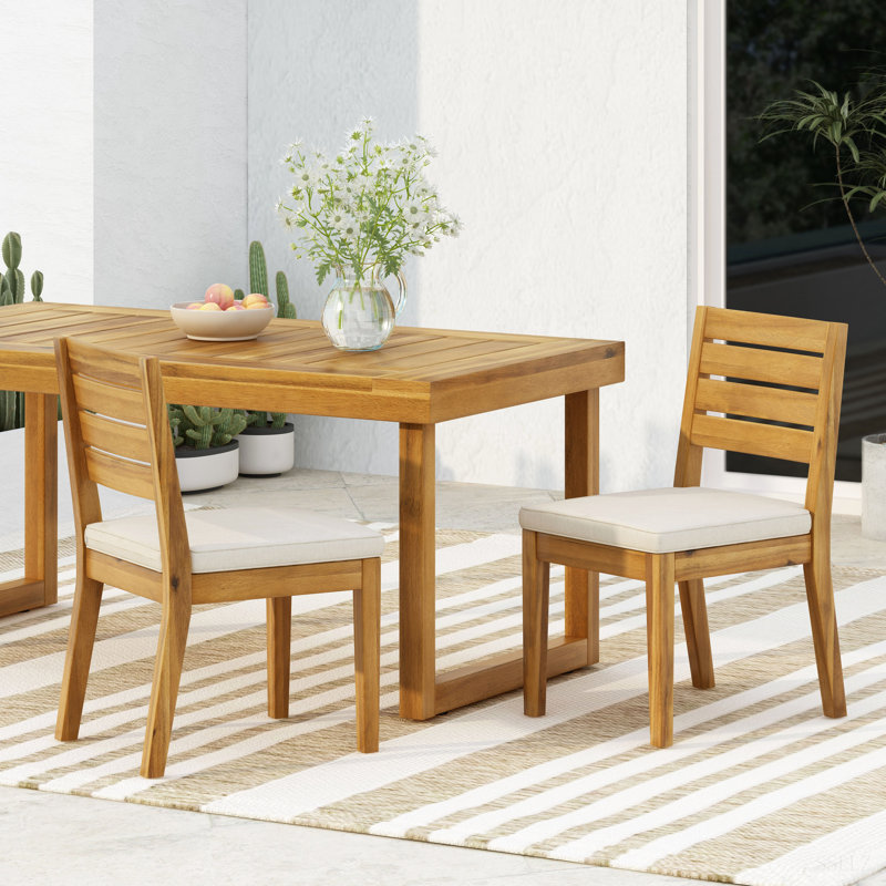 Outdoor Armless Dining Chair With Cushions(Set Of 2), Beige Cushion/Natural Frame