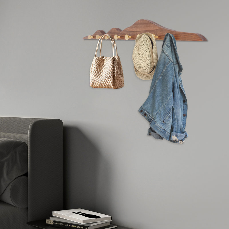 Portemanteau mural 31,5 po en noyer avec 8 crochets en laiton, Noyer brun