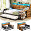 Lit de jour avec couchette escamotable, cadre de lit de jour pleine grandeur en bois de ferme avec 3 tiroirs de rangement et tablettes, lit de jour complet avec station de charge et lumières DEL pour la chambre à coucher, la chambre d'amis-797322160-774709644