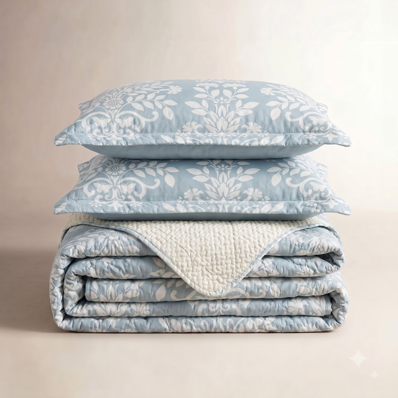 Laura Ashley Rowland Cotton Reversible Quilt Set, Full/Queen Coverlet + 2 Standard Shams, Light Blue