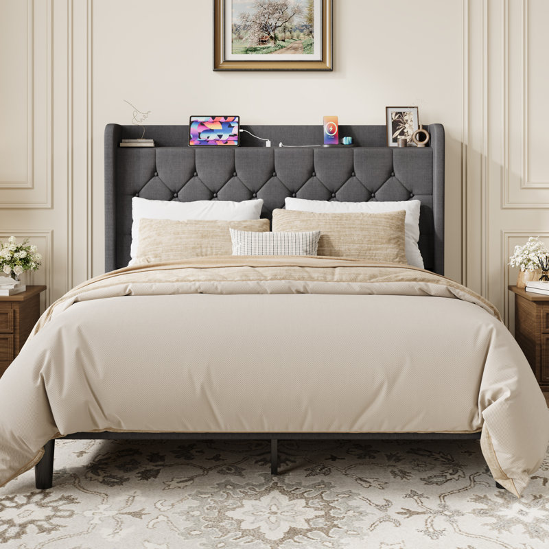 Modern Tufted Upholstered Bed In Velvet Or Linen With Charging Station & Headboard Shelf, High Clearance Under Bed Storage