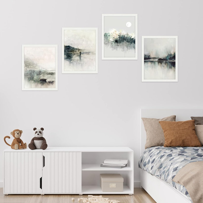 «Misty Mountain Lake», paysage abstrait, décor de bureau encadré sur papier, impression de 4 pièces, Blanc