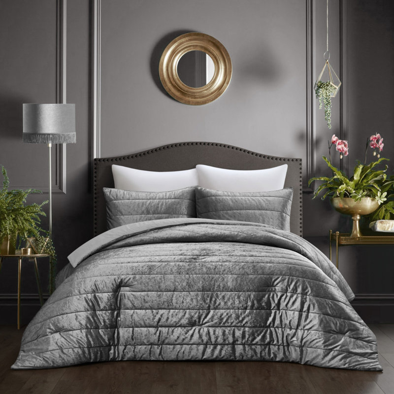 Ensemble d'édredon lavable en polyester gris à densité de tissage 180 fils, Grand lit