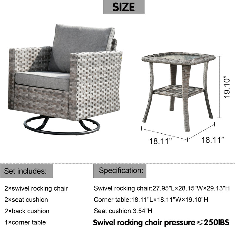 Ensemble de conversation d'extérieur 3 pièces avec chaises berçantes, coussins et table d'appoint Mariolina, Gris foncé