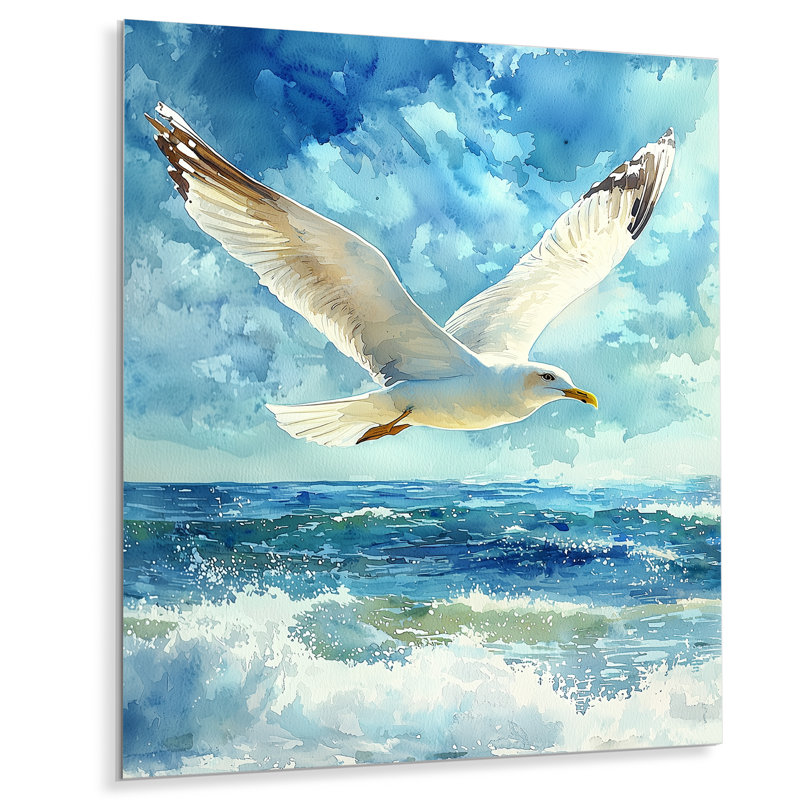 Watcher Seagull Above The Shore II - Bird, art mural en métal, reproduction d'art moderne, H 20 po x l 12 po