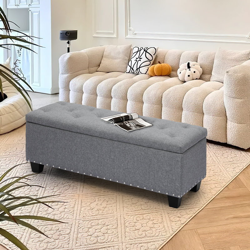 Grimstad Upholstered Fabric Storage Ottoman, Storage Bench with Button-Tufted, Gray
