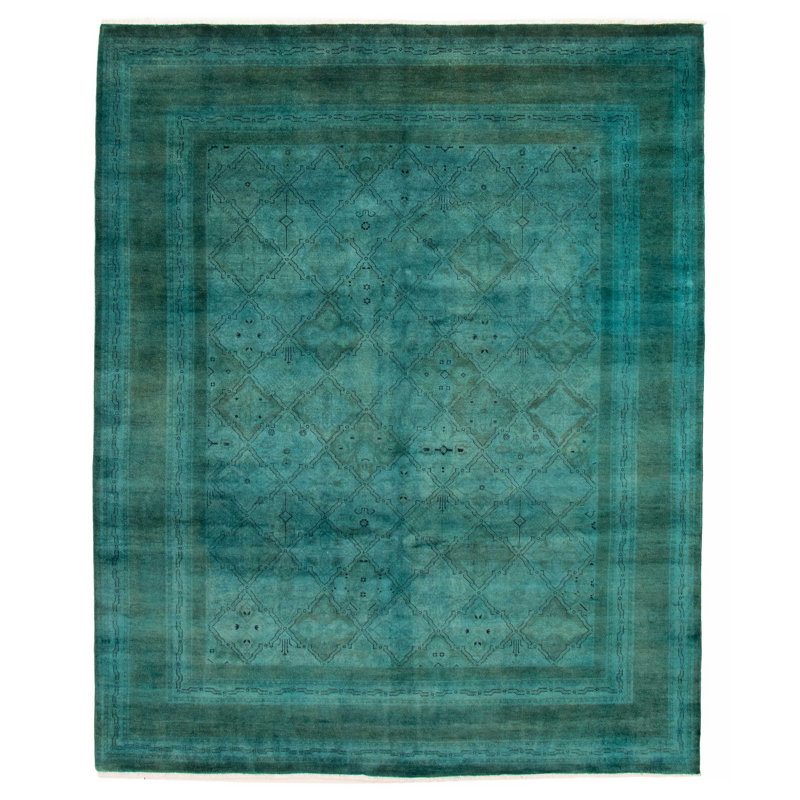 Tapis bleu sarcelle en laine noué à la main de conception unique 8 pi 0 po x 9 pi 8 po