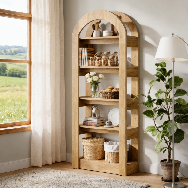 5-Tier Bookshelf, Wooden Bookcase Display Shelf with Arch-Shape, Teak