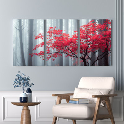 «Red Maple Tree In Misty Forest», reproduction d'art sur toile tendue sur toile, ensemble de 3, pour salon, chambre à coucher, décoration intérieure
