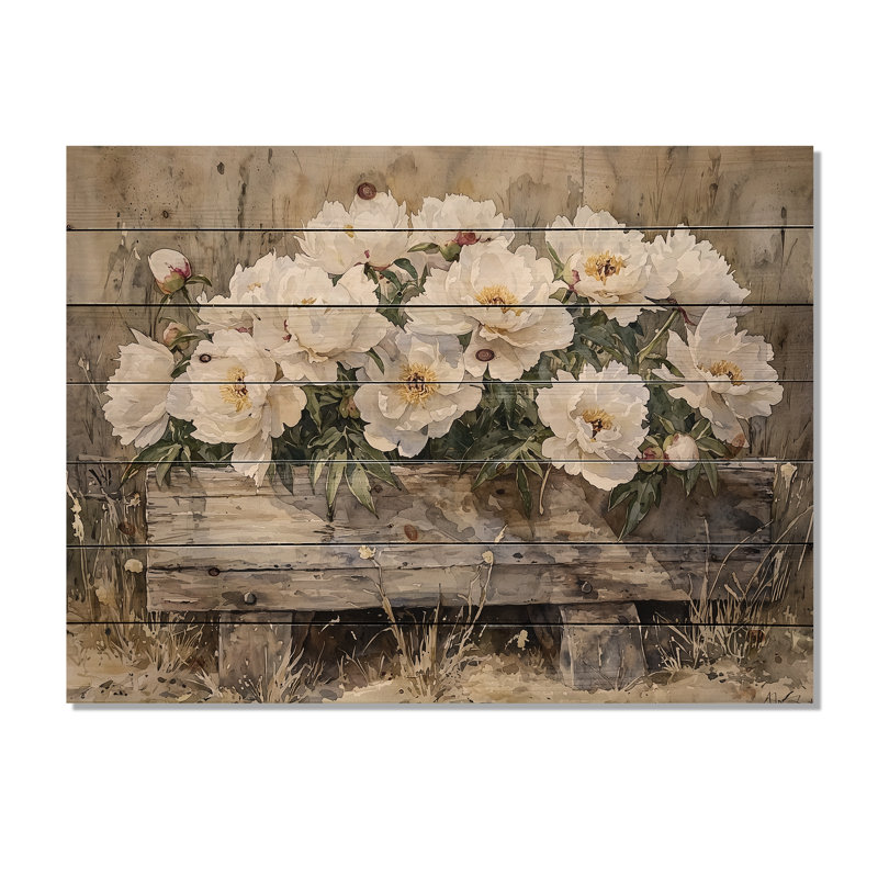 Far, Peonies Near The Water Trough - Peonies Wood Wall Decor - On Natural Pine Wood, 10" H x 20" W x 0.78" D