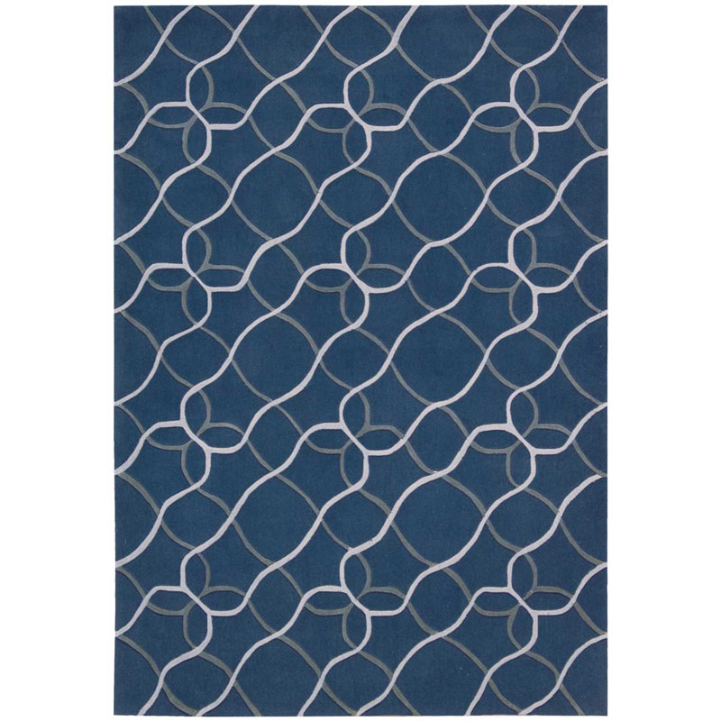 Tapis bleu / blanc touffeté à la main Alarick, Rectangle 7 pi 3 po x 9 pi 3 po